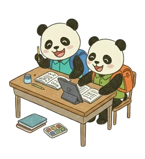 FX会社おすすめ比較【2026年最新】国内・海外13社のスプレッド・安全性を徹底調査 1 机に座って話し合いながらFXの学習をしている2匹のパンダのキャラクター